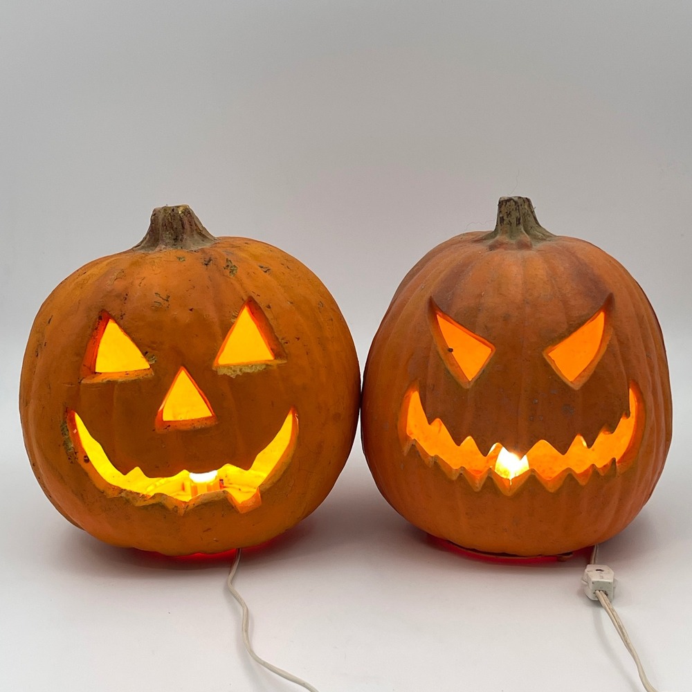 Vintage 1993 Trendmasters Halloween Foam Blow Mold Jack O Lantern Pair Light Up